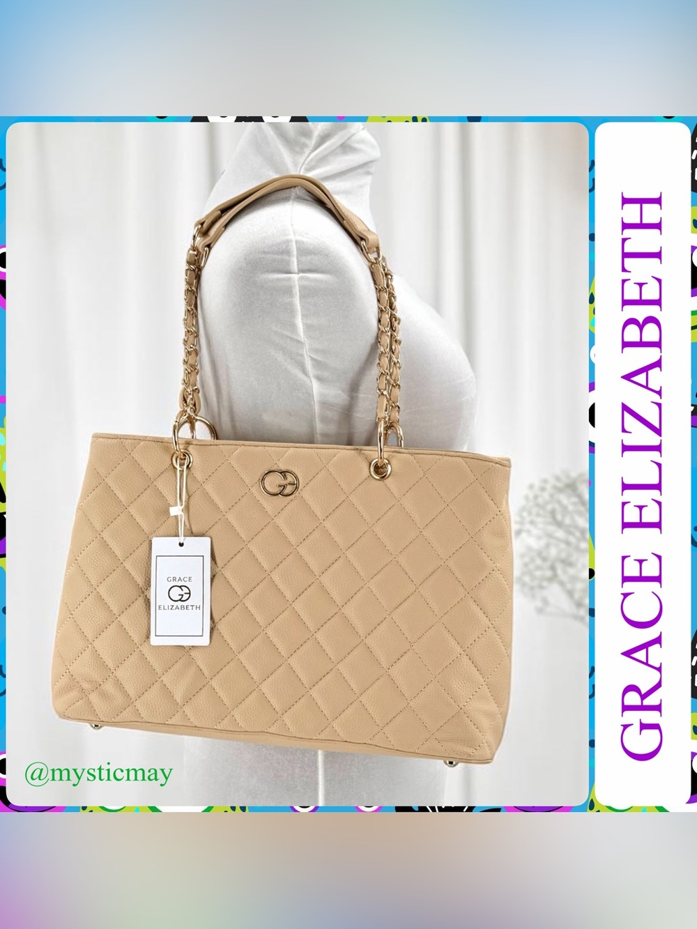 NEW Grace Elizabeth BEIGE QUILTED PEBBLE GRAIN TOTE Bag Purse w Gold Hardware
